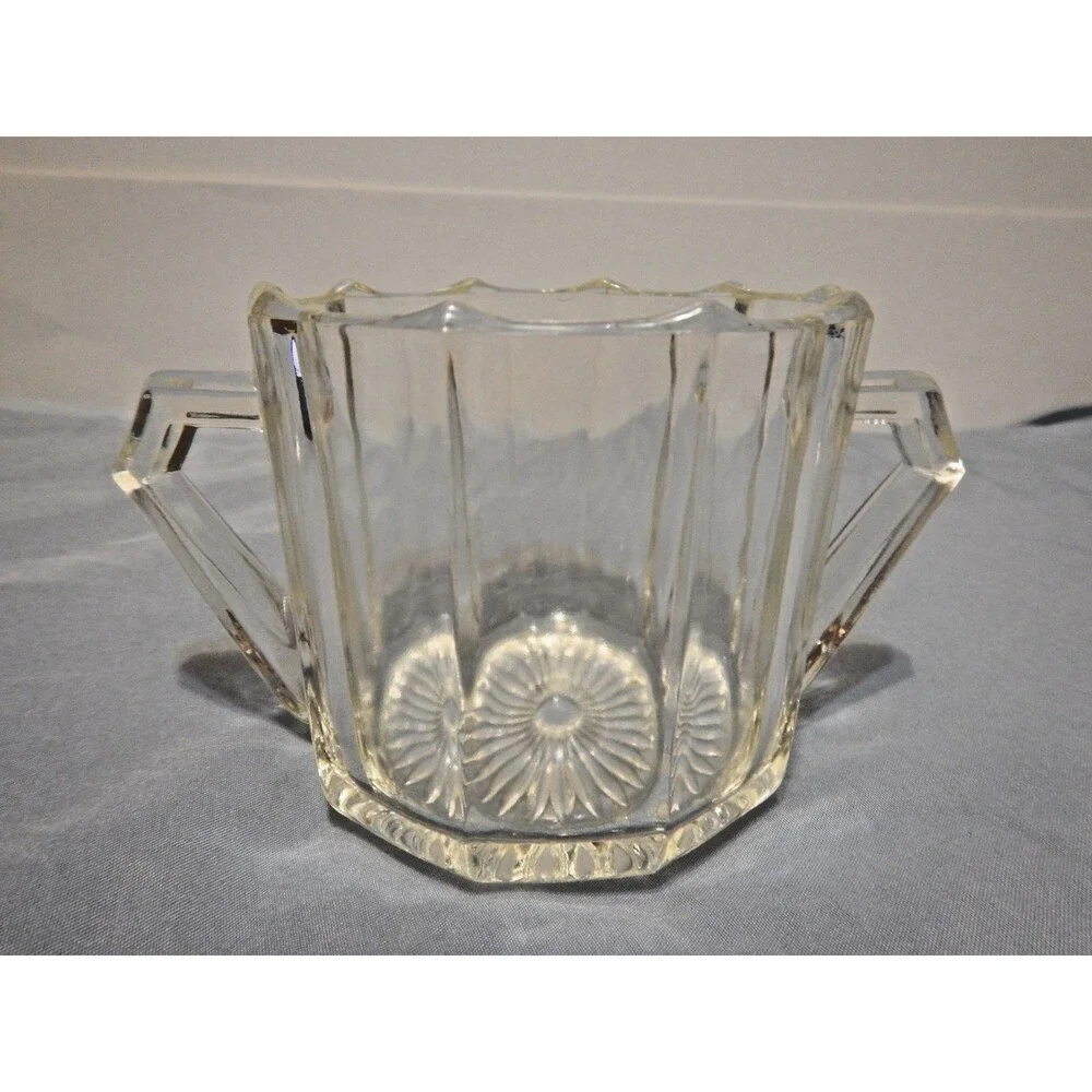 Vintage Pressed Glass Sugar Bowl Twin Handle Paneled Sunburst Starburst Base